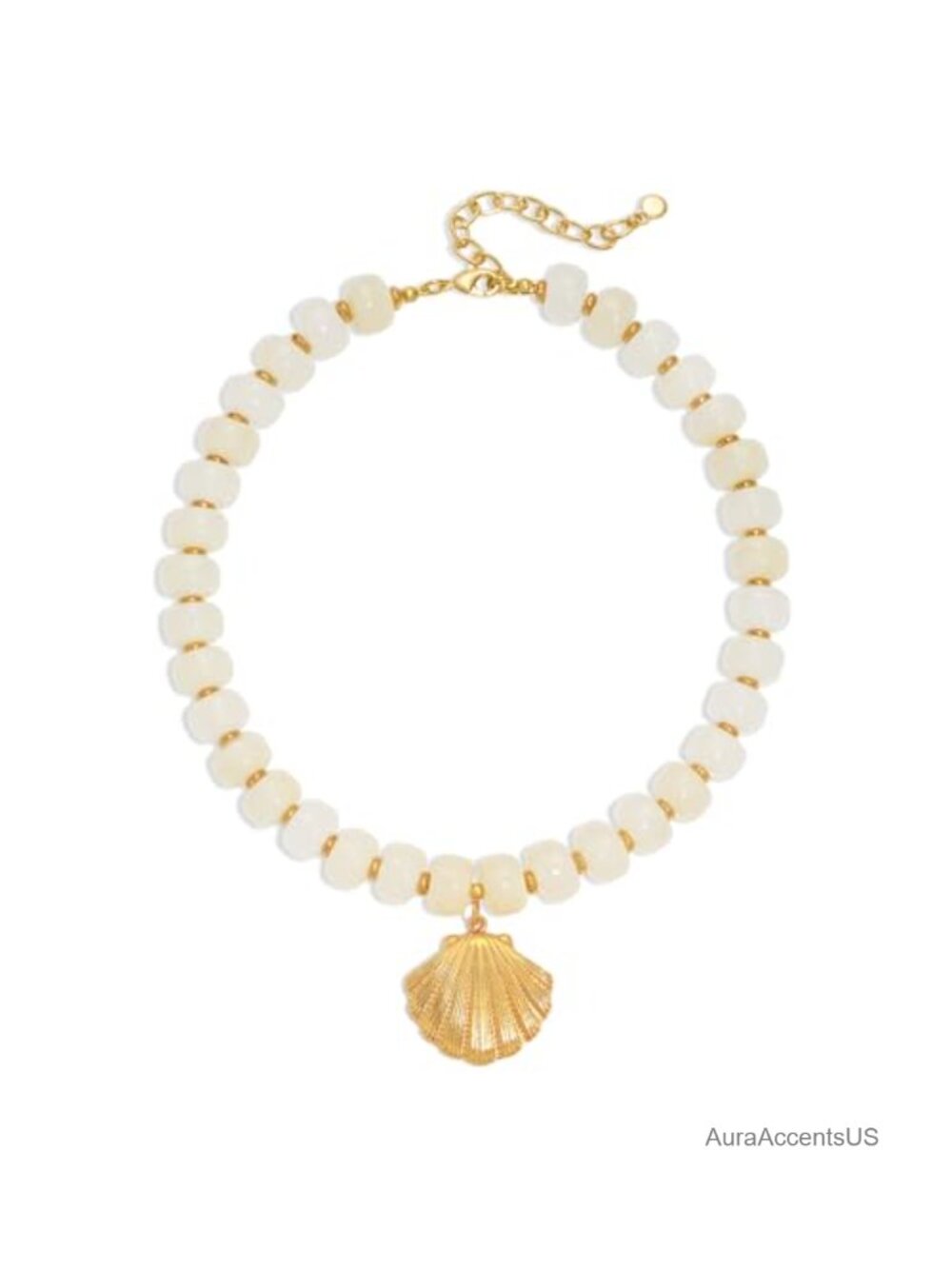 Chunky Beaded Pendant Necklace with Shell, Adjustable Lobster Clasp